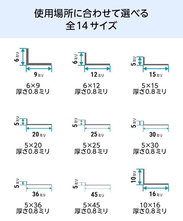 ガラス用のステンレス製「不等辺L字アングル」の規格サイズは、全14種類①