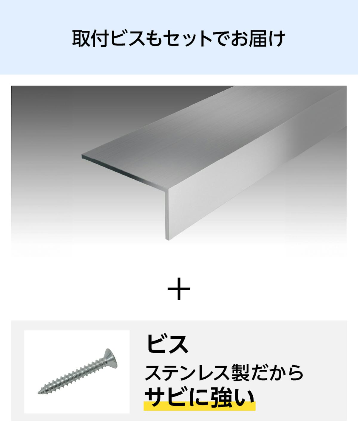 取付金具用のビスもセットで届く、ガラス用「ステンレス製L型アングル(不等辺)」