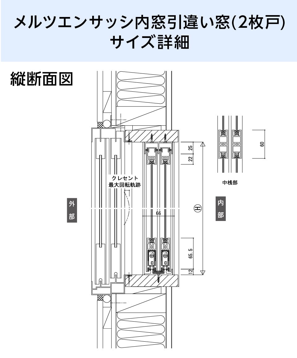 「メルツエンサッシ内窓 引違い窓(2枚戸)」のサイズ詳細
