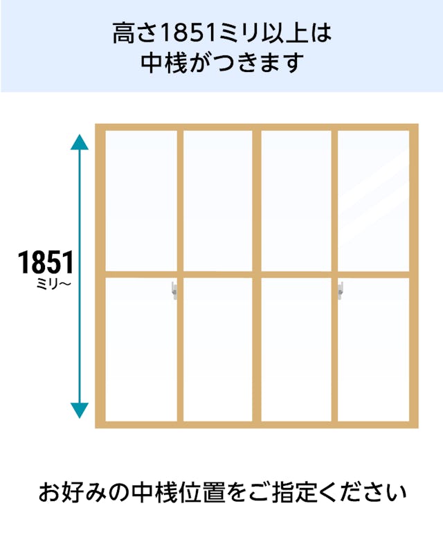 「メルツエンサッシ内窓 引違い窓(4枚戸)」は、高さ1851ミリ以上で中桟がつく