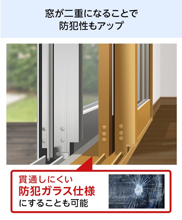 「メルツエンサッシ内窓 引違い窓(4枚戸)」は窓が二重になるため、防犯性もアップする
