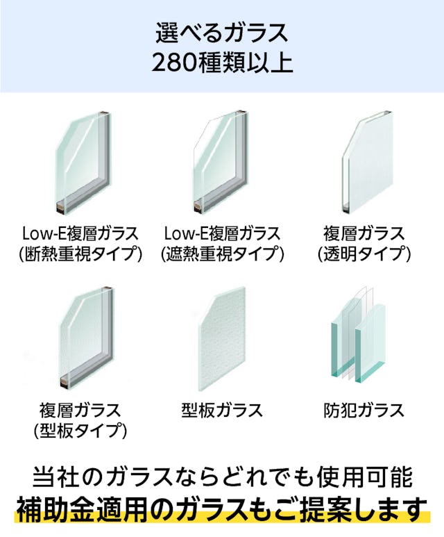 「メルツエンサッシ内窓 引違い窓(4枚戸)」のガラスは、280以上から選べる