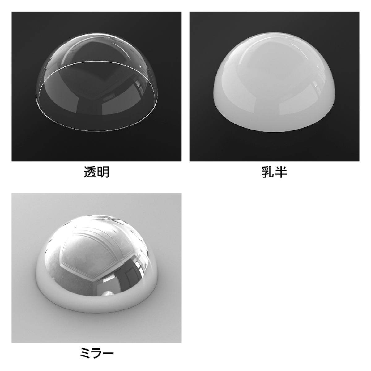 「アクリル半球(アクリルドーム)」は透明、乳半、ミラーの3種類