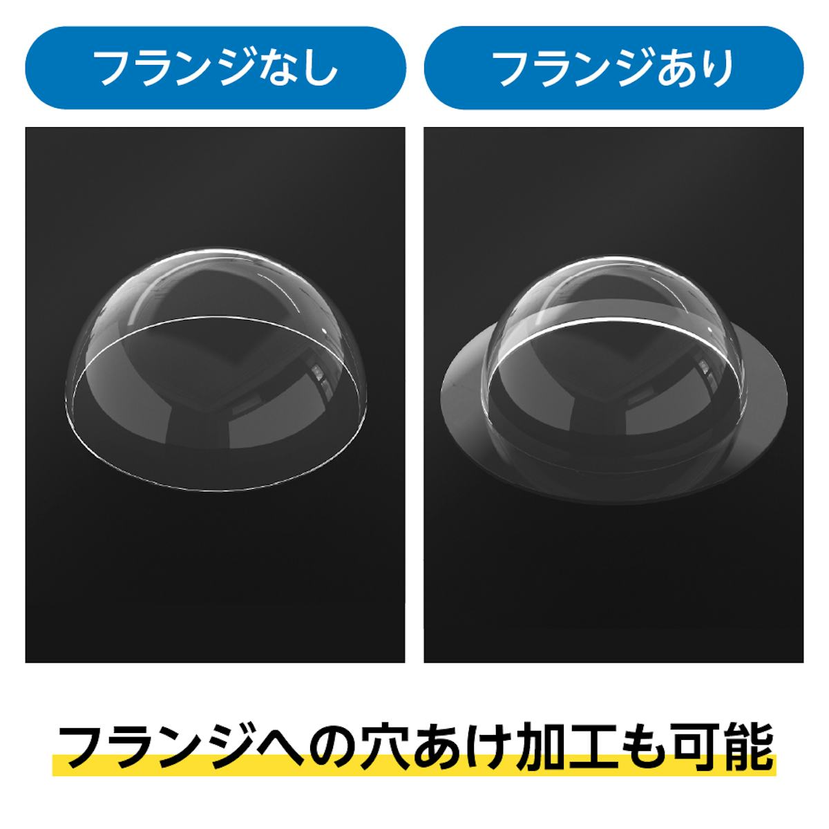 「アクリル半球」はフランジ(縁)の有無を選ぶことができ、穴あけ加工も可能