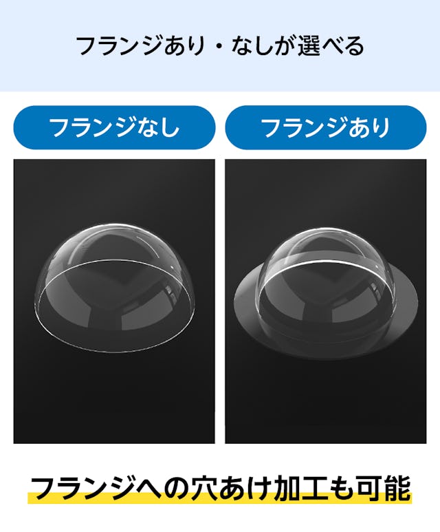 「アクリル半球」はフランジ(縁)の有無を選ぶことができ、穴あけ加工も可能