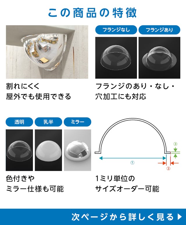 「アクリル半球」の特徴 - 割れにくく屋外の使用も可能／フランジの有無、穴あけ加工も対応／色付き、ミラー仕様も可能／1ミリ単位でサイズオーダー可能