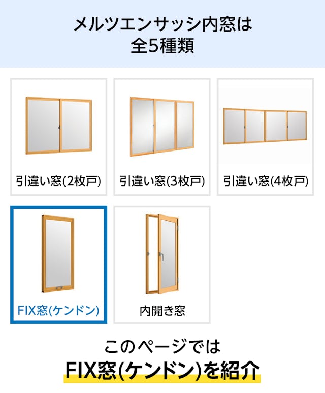 「メルツエンサッシ内窓」は5種類 - このページはFIX窓(ケンドン)を紹介
