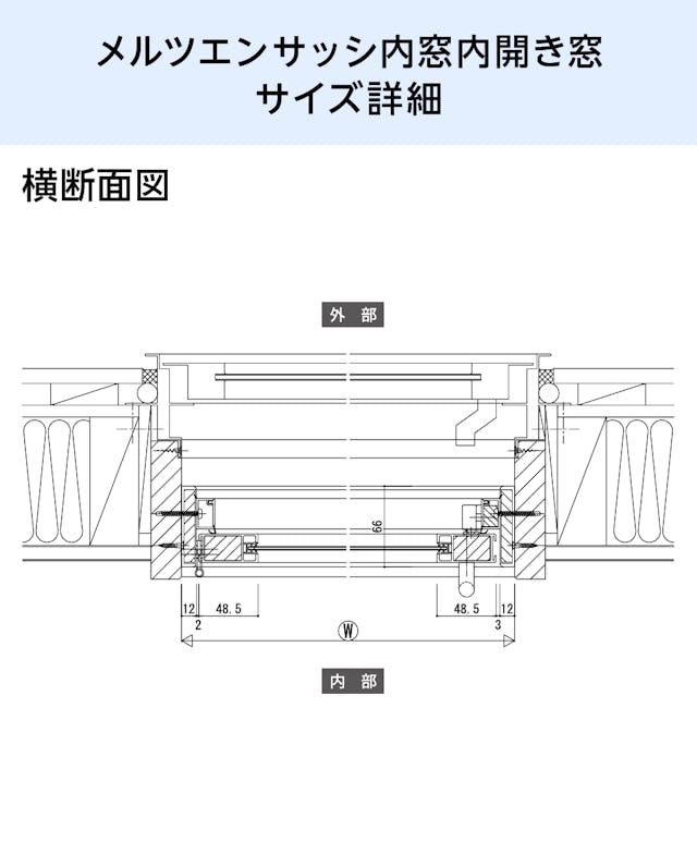 「メルツエンサッシ内窓 内開き窓」のサイズ詳細