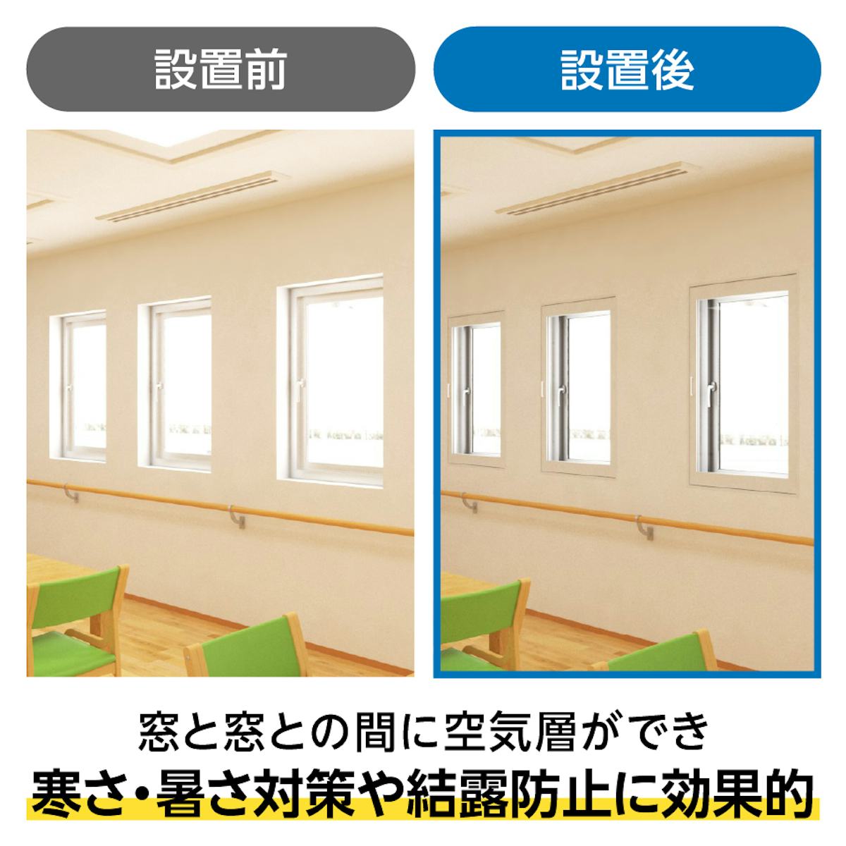 既存窓の内側に「メルツエンサッシ内窓 内開き窓」を取り付けると、結露防止効果がある