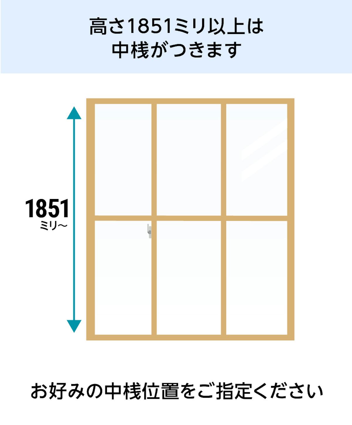 「メルツエンサッシ内窓 引違い窓(3枚戸)」は、高さ1851ミリ以上で中桟がつく