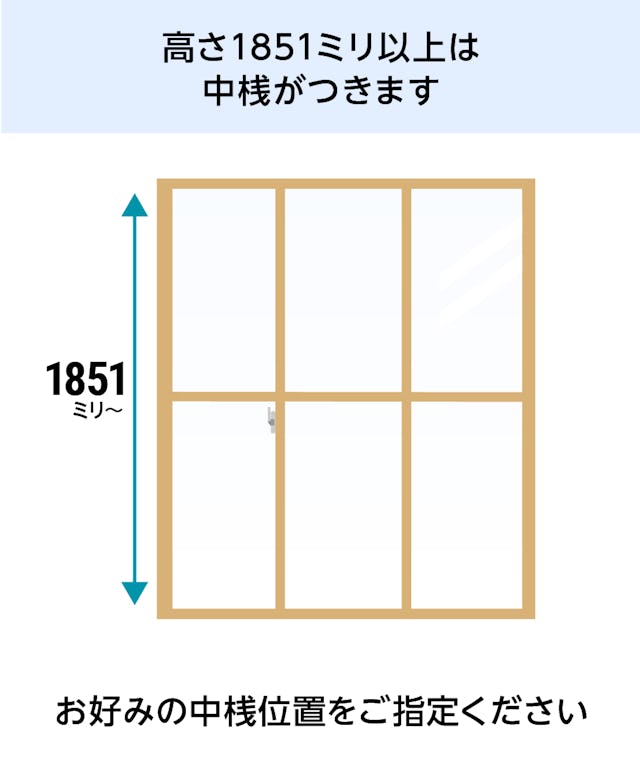 「メルツエンサッシ内窓 引違い窓(3枚戸)」は、高さ1851ミリ以上で中桟がつく