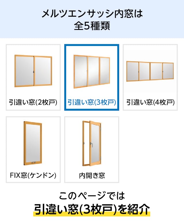 「メルツエンサッシ内窓」は5種類 - このページは引違い窓(3枚戸)を紹介