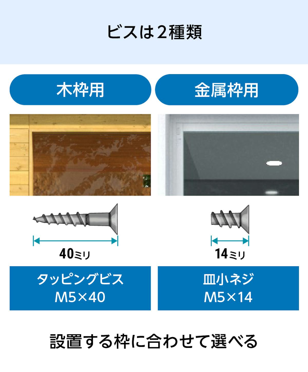 サウナ用ガラスドアを設置する枠に合わせてビスを選べる